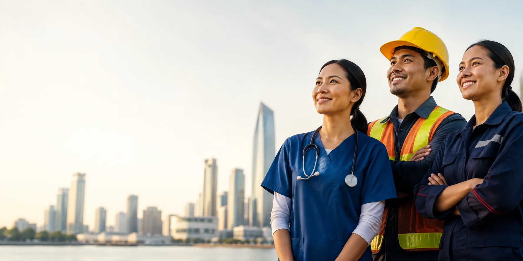 Filipino overseas workers — nurse, construction worker, and technician